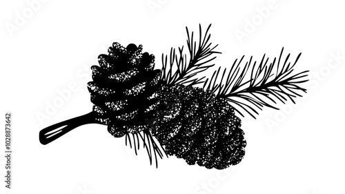 Pine cone dipped in glitter on an evergreen branch, illustration art