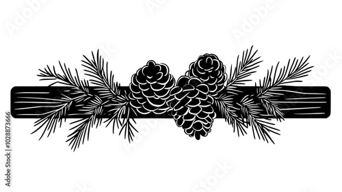 Pine garland with pinecones draped over a wooden beam, illustration art