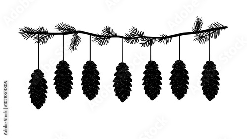 Pine cones dipped in glitter hanging by twine from tree boughs, illustration art