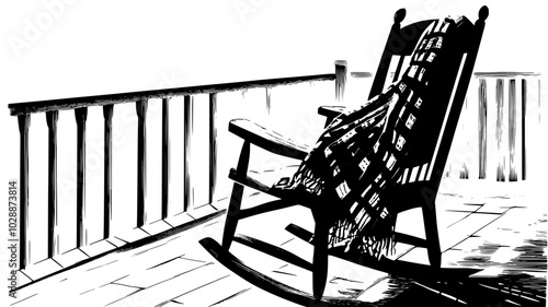 Plaid blanket draped over the back of a rocking chair on a porch, illustration art