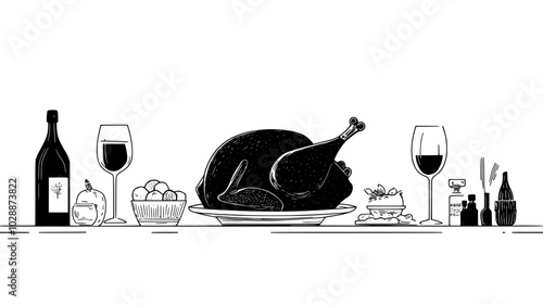 Roast turkey on platter in center of table with side dishes, illustration art