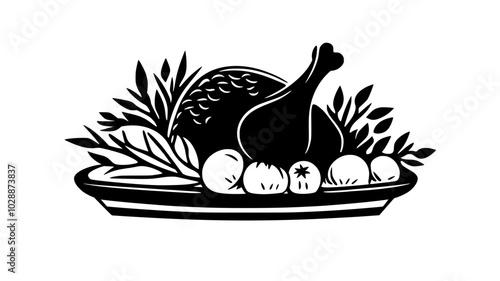 Roast turkey on a platter surrounded by vegetables, illustration art