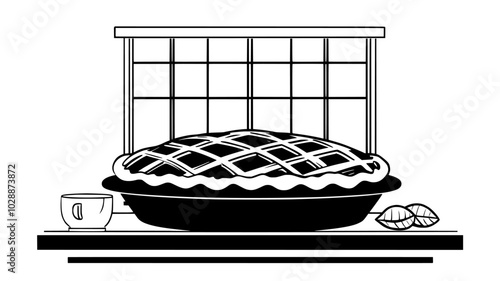 Pie with lattice crust cooling on windowsill, illustration art