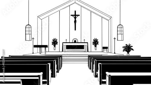 Rows of choir risers set up in church sanctuary, illustration art
