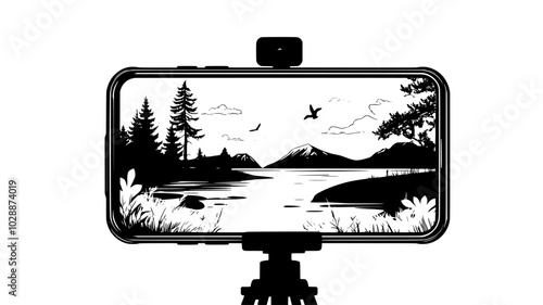 Smartphone gimbal mounted on a tripod with a scenic view in the background, vector illustration art
