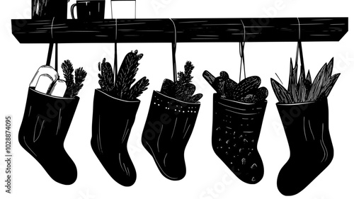 Stocking filled with coal hanging from the mantelpiece next to others, vector illustration art