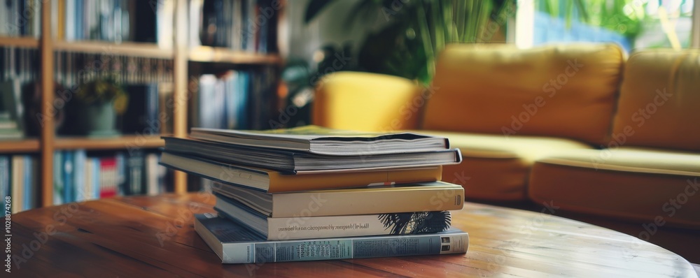 Stack of magazines on the coffee table, 4K hyperrealistic photo Stack of magazines on the coffee table, 4K hyperrealistic photo