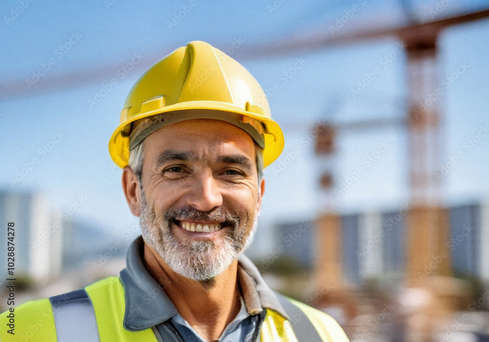 Close-up portrait of a smiling middle-aged male civil engineer wearing a yellow hard hat and reflective safety vest on a construction site. Engineer created with artificial intelligence. Close-up portrait of a smiling middle-aged male civil engineer wearing a yellow hard hat and reflective safety vest on a construction site. Engineer created with artificial intelligence.