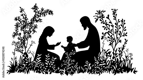 Stone sculptures of the holy family positioned in a garden, vector illustration art