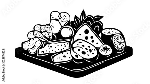 Wooden board with assorted cheeses and crackers, rustic setting, vector illustration art