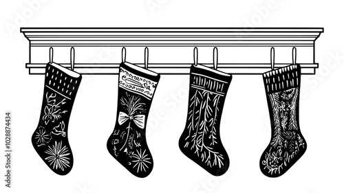 Vintage fabric stockings hanging from the fireplace mantel, vector illustration art