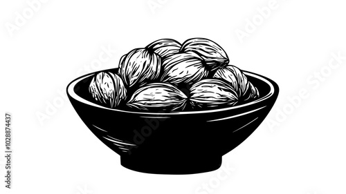 Wooden bowl filled with walnuts on kitchen counter, vector illustration art