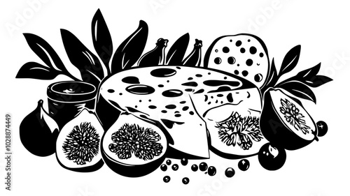 Wheel of cheese with fig jam and crackers, vector illustration art