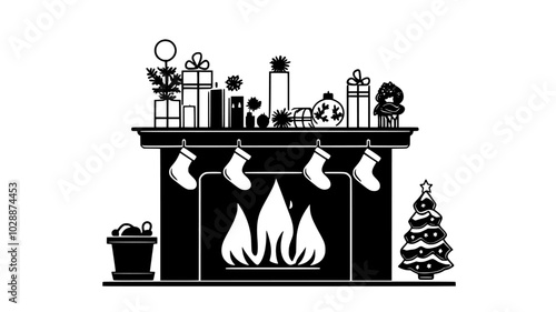 Virtual fireplace with customizable mantel and stocking arrangements, vector illustration art