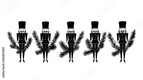 Wooden nutcracker figurines attached to evergreen boughs, vector illustration art
