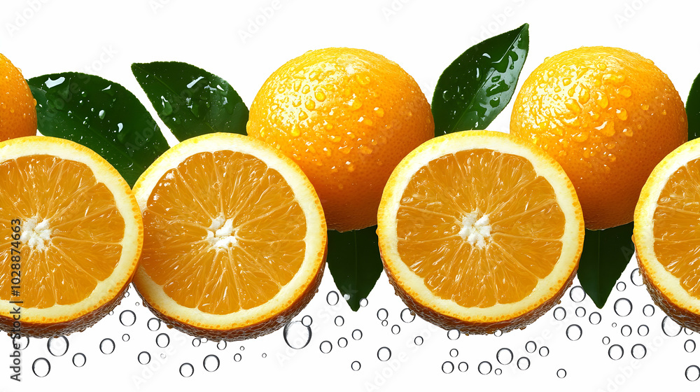 Fresh oranges with leaves and water droplets on a white background. Fresh oranges with leaves and water droplets on a white background.