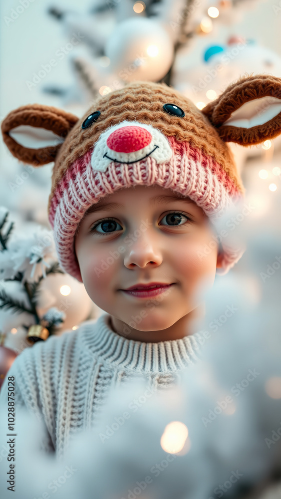 young child smiles with a festive reindeer hat young child smiles with a festive reindeer hat