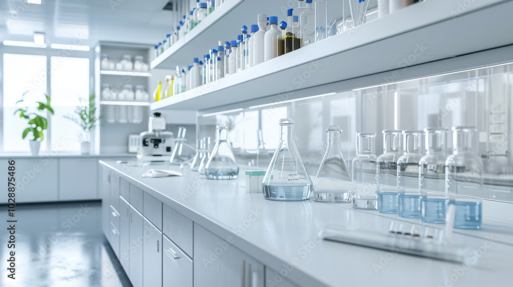 modern laboratory workbench covered with various glassware and equipment, showcasing clean and organized environment. bright space is filled with natural light, enhancing scientific atmosphere modern laboratory workbench covered with various glassware and equipment, showcasing clean and organized environment. bright space is filled with natural light, enhancing scientific atmosphere