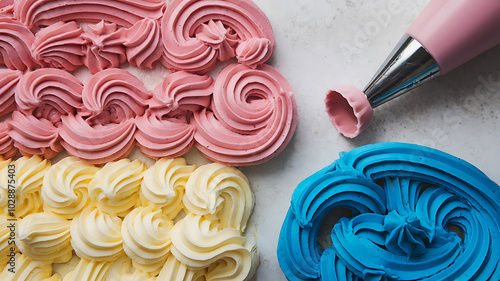 Pastel pink and yellow swirls of frosting with a blue swirl and piping bag, a colorful and delicious baking concept. 
 photo