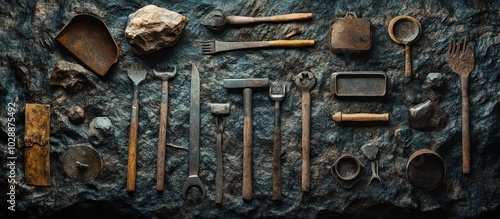 A collection of assorted vintage tools and implements arranged on a textured surface.