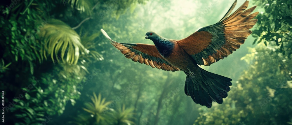 Fototapeta premium A majestic bird soaring gracefully through a lush green forest, showcasing its vibrant plumage against a natural backdrop.