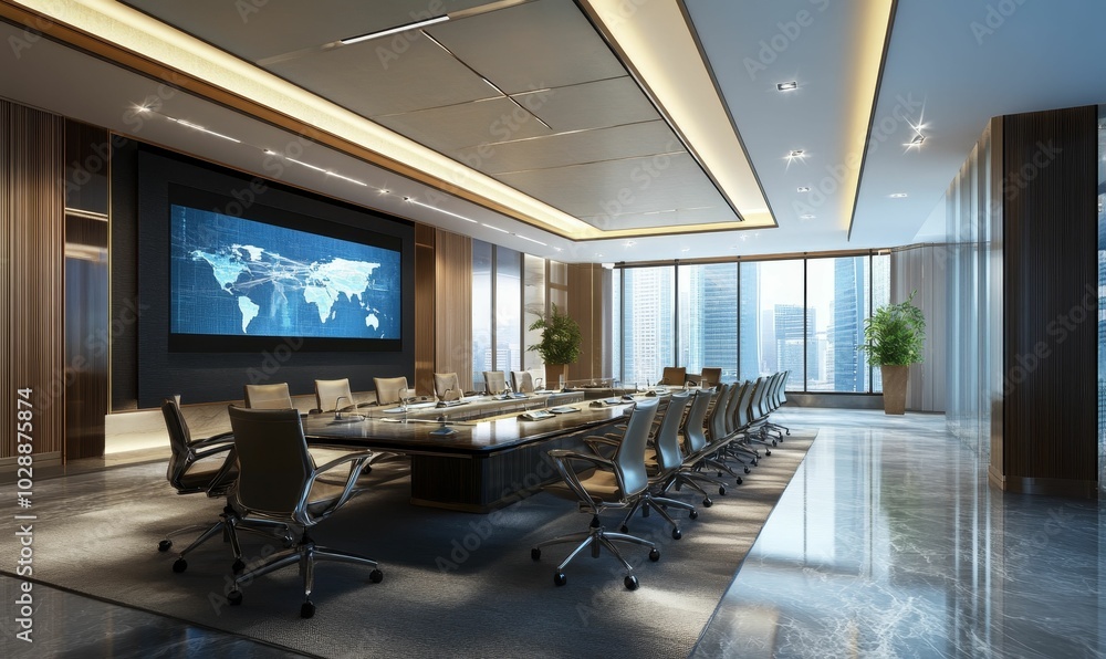Modern conference room with city view. Modern conference room with city view.