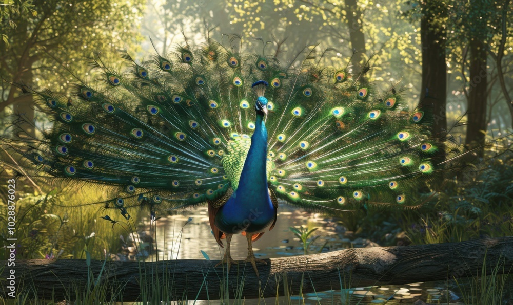 Obraz premium Beautiful peacock displaying feathers, 4K hyperrealistic photo