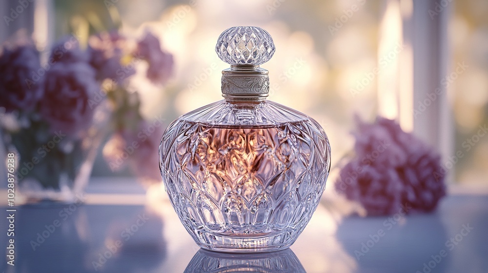 Elegant Perfume Bottle with Intricate Designs on White Background Elegant Perfume Bottle with Intricate Designs on White Background