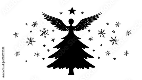Angel figurine with wings spread atop a Christmas tree, vector illustration art