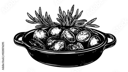 Bacalao on an earthenware dish with potatoes, vector illustration art