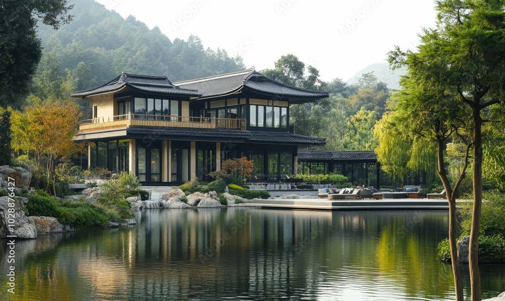 Traditional Chinese house by a pond. Traditional Chinese house by a pond.
