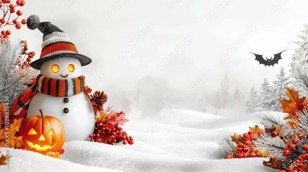Obraz premium Cute Watercolor Snowman with Pumpkin and Autumn Leaves