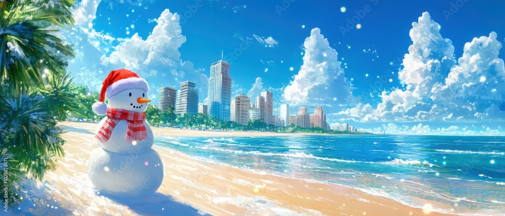 Fototapeta premium A cheerful snowman wearing a Santa hat on a sunny beach with a vibrant city skyline under a bright blue sky.