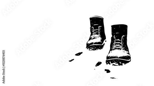 Boots leaving footprints in fresh snow on rooftop, vector illustration art