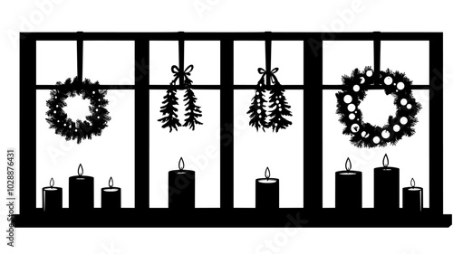 Candles in window sills with wreaths hanging outside each pane, vector illustration art