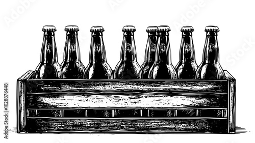 Bottles of craft beer arranged in a wooden crate, vector illustration art