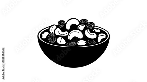 Bowl of mixed nuts next to dried fruits, vector illustration art