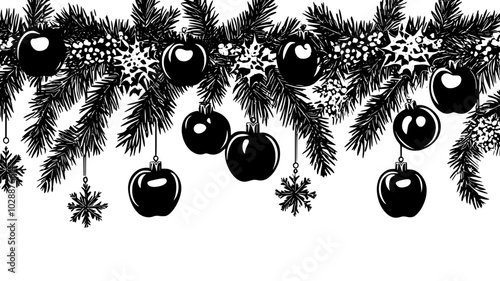 Christmas tree branches hung with apple ornaments and tinsel, vector illustration art