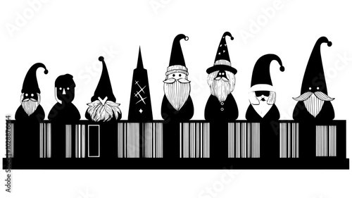 Collection of vintage Santa Claus figurines on a bookshelf, vector illustration art