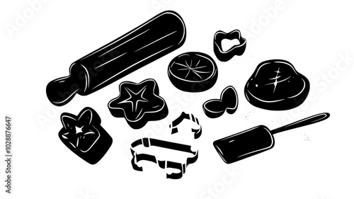 Cookie cutters and rolling pin on a flour-dusted countertop, vector illustration art