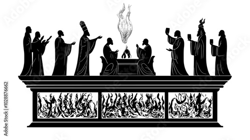 Ceramic figures positioned on the mantle depicting a biblical scene, vector illustration art