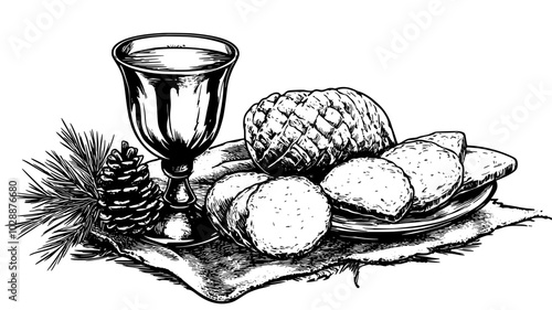 Communion wafers and chalice on altar cloth with pine cone accents, vector illustration art