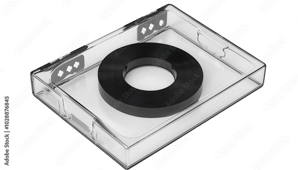 Fototapeta premium Transparent cassette tape case with a black cassette inside, isolated on transparent background.