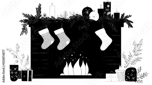 Fireplace mantel adorned with stockings and garland, vector illustration art