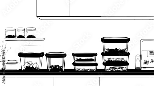 Glass food storage containers stacked on a kitchen counter with ingredients, vector illustration art