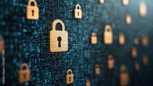 The human figure made of binary code with floating locks and keys interspersed representing data security protection