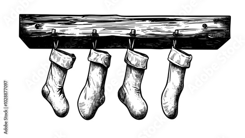 Grain sack stockings hanging from wood beam mantel, vector illustration art