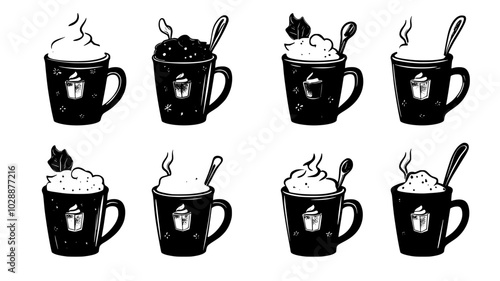 Hot cocoa mix in mugs wrapped in cellophane, vector illustration art