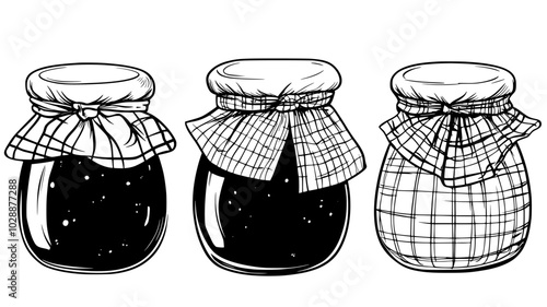 Jars of preserves with fabric-covered lids, vector illustration art