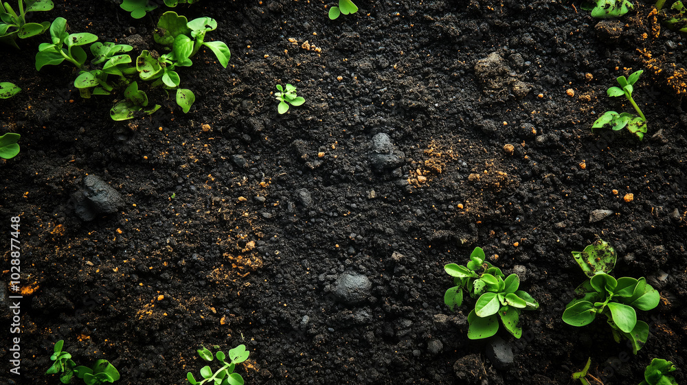 Fresh green seedlings thrive in rich, dark organic compost soil Fresh green seedlings thrive in rich, dark organic compost soil